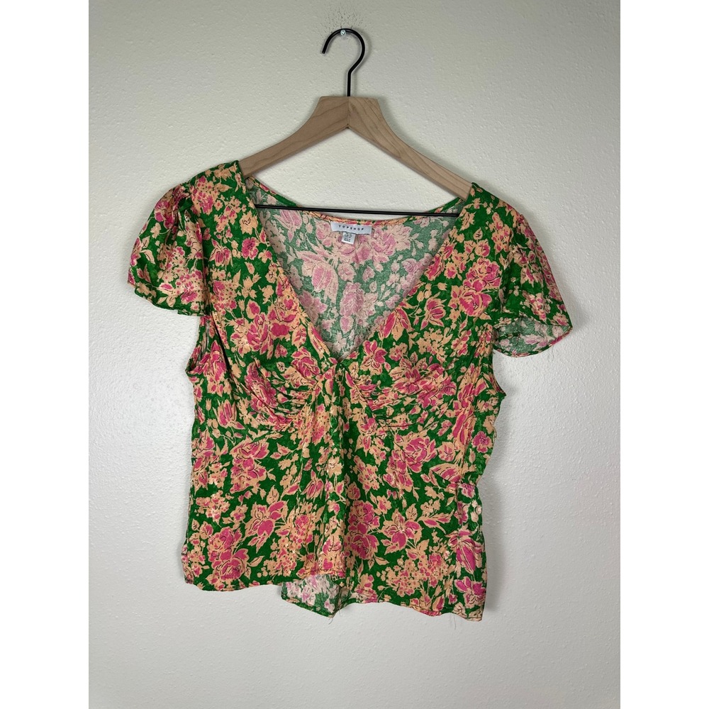 TOPSHOP Garden Party Fairy Floral Blouse Women 10 Green V-Neck Flutter Sleeve